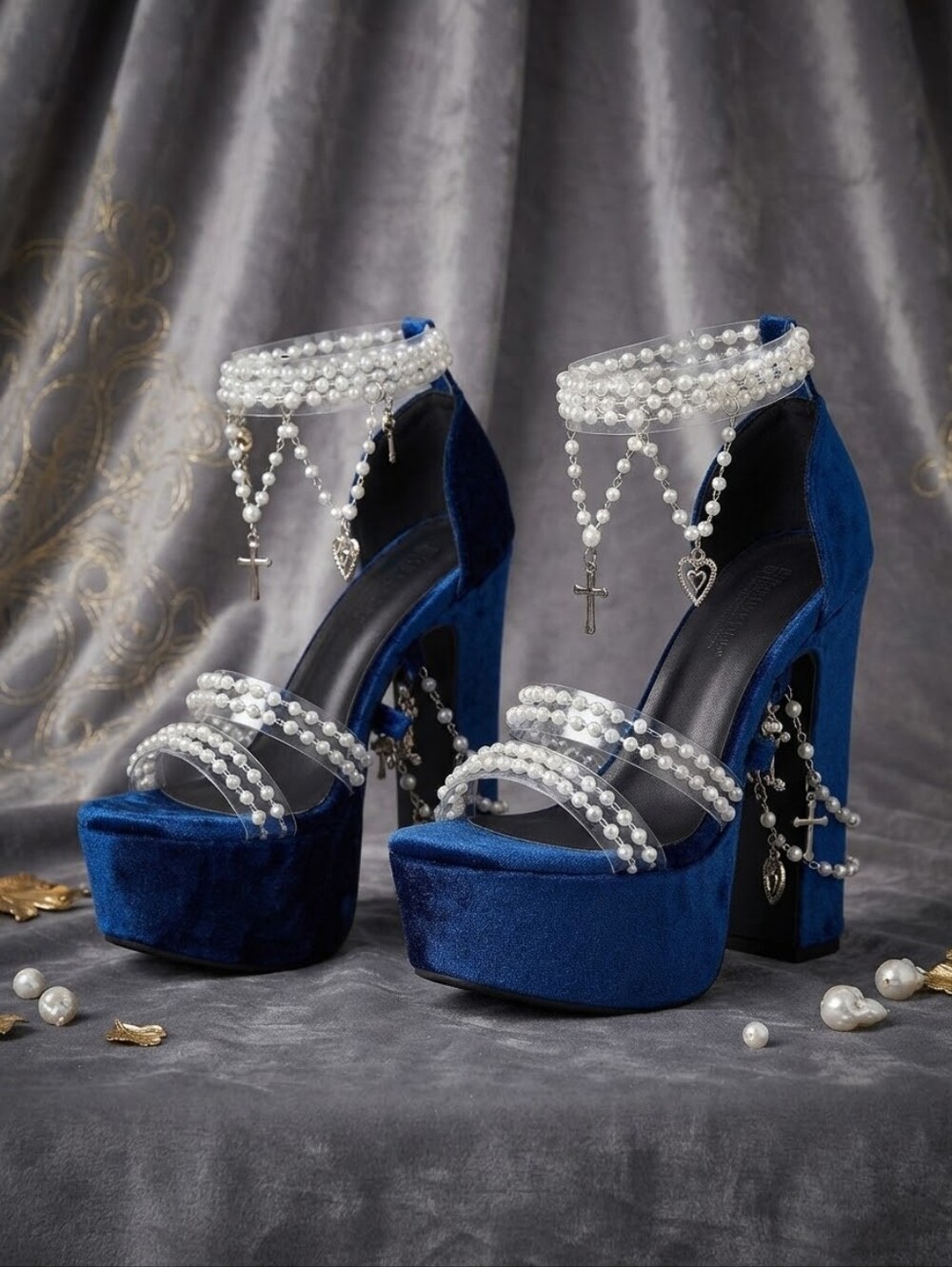 Sugar Thrillz Holy Revelation Platform Heels Size 8 Sapphire Velvet Pearl Goth